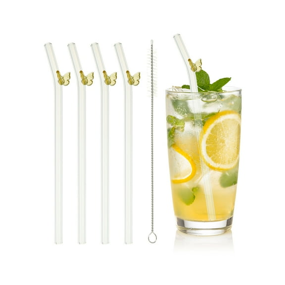 Uxcell 4 Pcs Reusable Glass Straws, 7.87" Butterfly Glass Straw Shatter Resistant Clear Cute Straws for Whiskey Coffee Juice Soda Drinks Tea, Purple