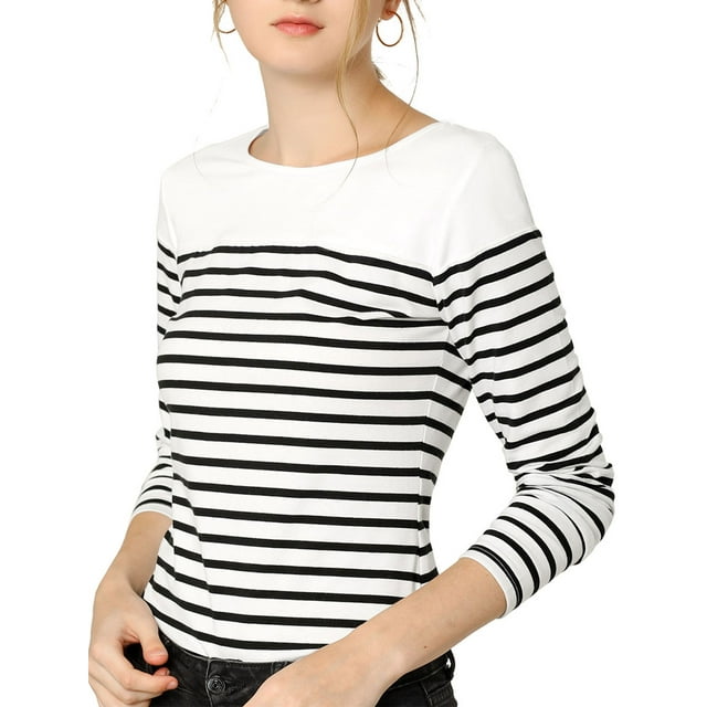 BLUSA CHIC PARA MUJER INSPIRE, TIRA A RAYAS, BLOQUE DE COLOR, MANGA LARGA, CAMISETA CASUAL, M NEGRO-BLANCO