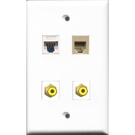 RiteAV - 2 Port RCA Yellow and 1 Port Phone RJ11 RJ12 Beige and 1 Port Cat5e Ethernet White Wall Plate
