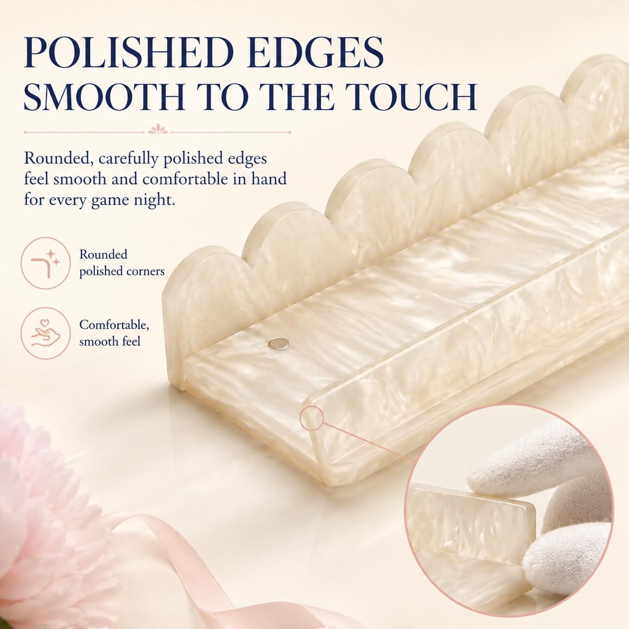Pearl Scalloped Mahjong Racks with Magnetic Pushers 17.5''/20'', Tortoise Mahjong Rack & Pusher Set of 4