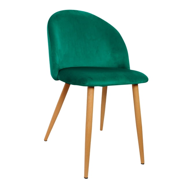 silla velvet mirel vanguardista de comedor tapizada en terciopelo esmeralda 1 pieza gn-fc04 silla de comedor acolchonada tapizada en terciopelo esmeralda con respaldo curvo, asiento relleno de espuma de alta densidad y estructura metálica pintada color madera, vista 3/4 sobre fondo blanco; ideal para comedor, oficina o tocador.