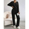 thumbnail image 2 of Womens Ribbed Knit 2 Piece Sets Long Sleeve Sweater and Wide Leg Pants Loungewear Pajamas Set Black L, 2 of 8