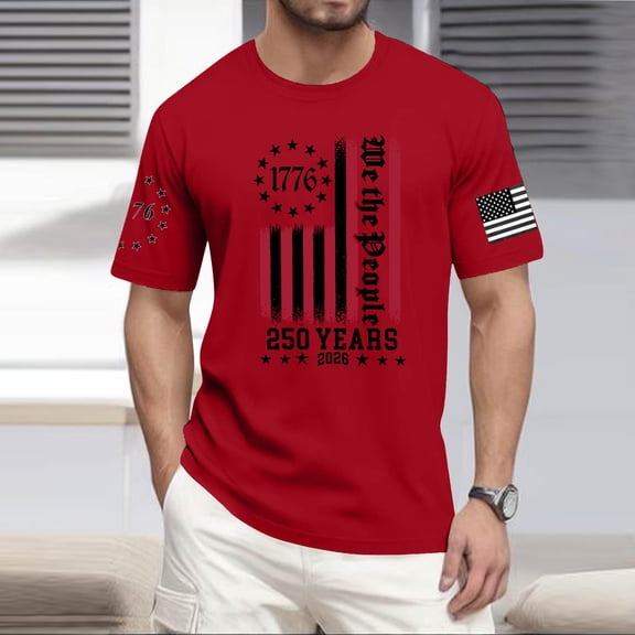 Hogleaql 250th Anniversary Tops, Men's Crew Neck American Flag Print Short Sleeve T-Shirts Patriotic Fashion Independence Day Loose Shirts Red 4XL