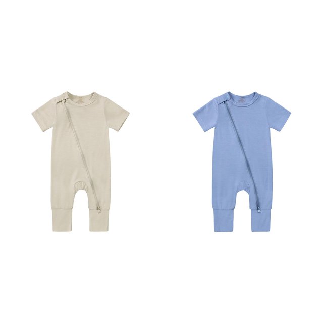 2 Pack(Blue 1PCS & Khaki 1PCS) Multipack Summer Outfits Rompers Footless Pajamas Matching Mommy Outfits Zipper Short Sleeve Sleeper Jumpsuit