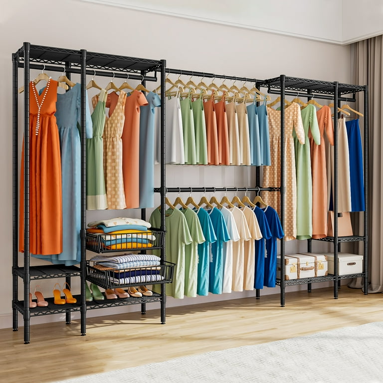 Untyo Clothes Rack Heavy Duty Metal Clothing Racks for Hanging Clothes Garment Rack with 4 Hang Rods 6 Shelves 2 Pull Out Storage Baskets