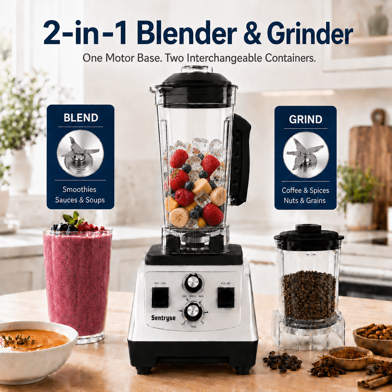 Sentryse Blender for Smoothies, 1800W Countertop Blender with 68 oz Pitcher & 20 oz Grinding Cup, 28000 RPM Kitchen Blender for Ice Crushing, Frozen Drinks, Milkshakes and Sauces