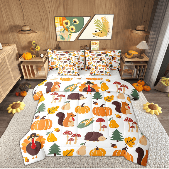 Manfei Rustic Animals Bedding Full Size, Harvest Turkey Bedding Sets Full Size, Autumn Fall Pumpkin Reversible Comforter Sets with Sheets, Breathable Room Decor, 7 Pieces