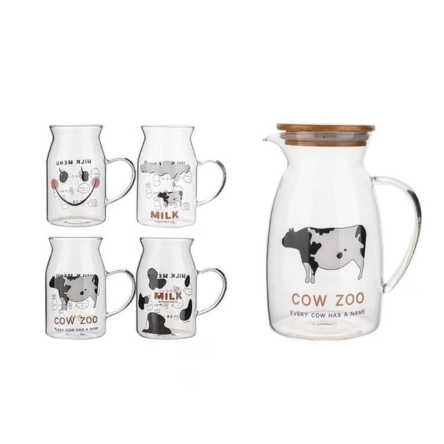 Encantador juego de vidrio de vaca, una olla, cuatro tazas, juego de cinco piezas, taza de leche, hervidor de agua fría for el hogar, tazas de café de dibujos animados de viento Ins