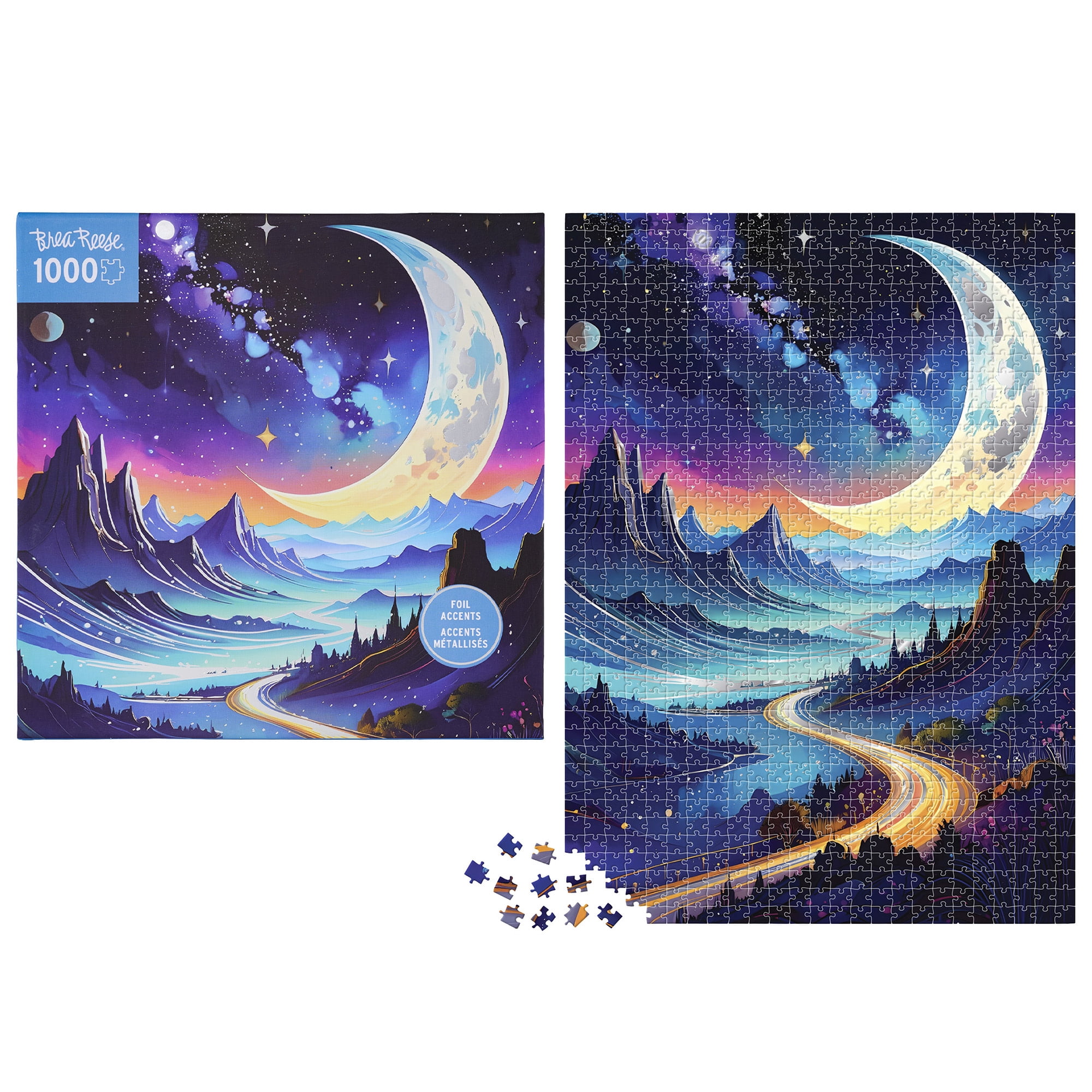 Brea Reese: 1000 Piece Puzzle - Cosmic Highway - Surreal Night Landscape Scene, Adult Jigsaw, Metallic Foil, Image Reference Poster, 19.25 x 26.75"