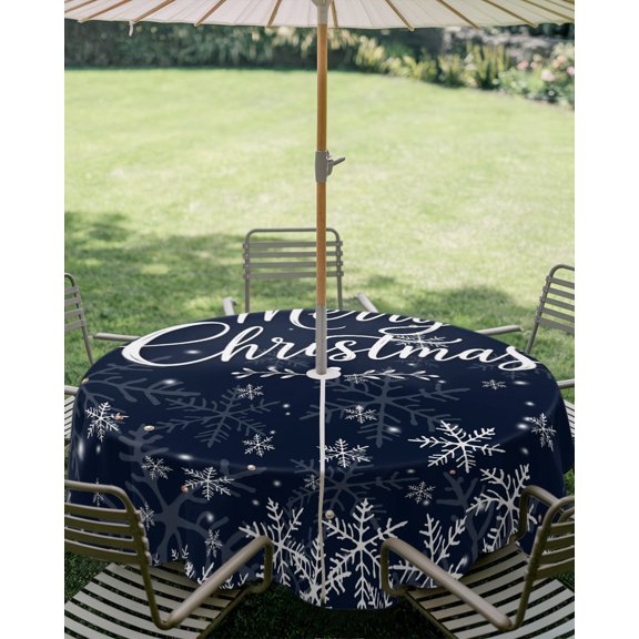 Outdoor Tablecloth with Umbrella Hole, Winter Snowflake on Navy Blue Zippered Table Cloth for Square Tables, Merry Christmas Text Washable Waterproof Tablecloths for Picnic Patio Garden