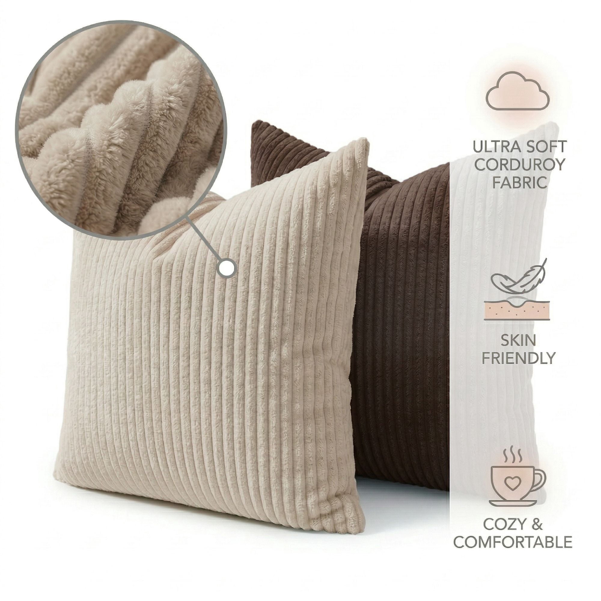 Decorative Throw Pillow Covers 18x18 Inch, Set of 4 Soft Corduroy Cushion Covers, Farmhouse Boho Neutral Pillow Cases for Couch, Sofa, Bed, Living Room