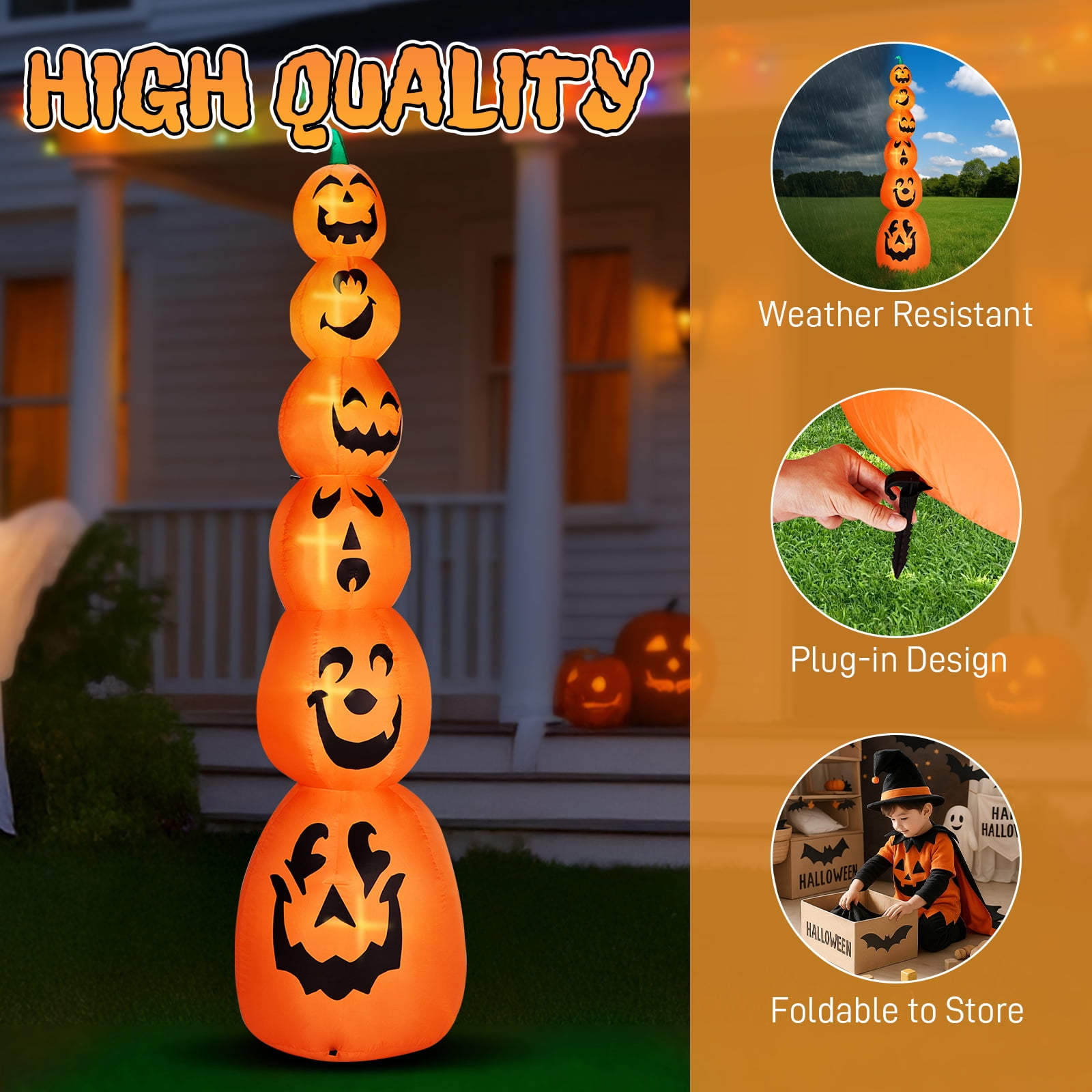 9FT Halloween Inflatable Stacked Pumpkins, Blow up 6 Pumpkins Inflatable with Built-in LED Lights Outdoor Decorations Large Party Yard Decoration