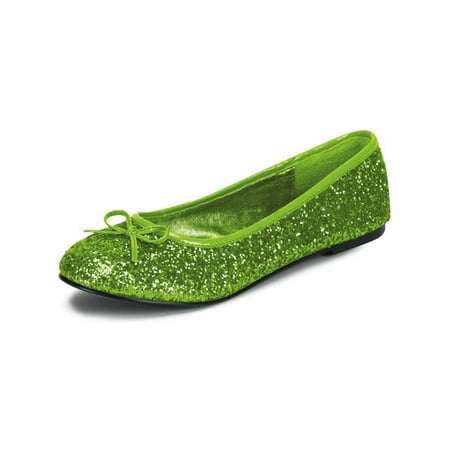 Womens Bright Lime Green Ballet Flats with Glitter and Bow Detail No Heel Shoes