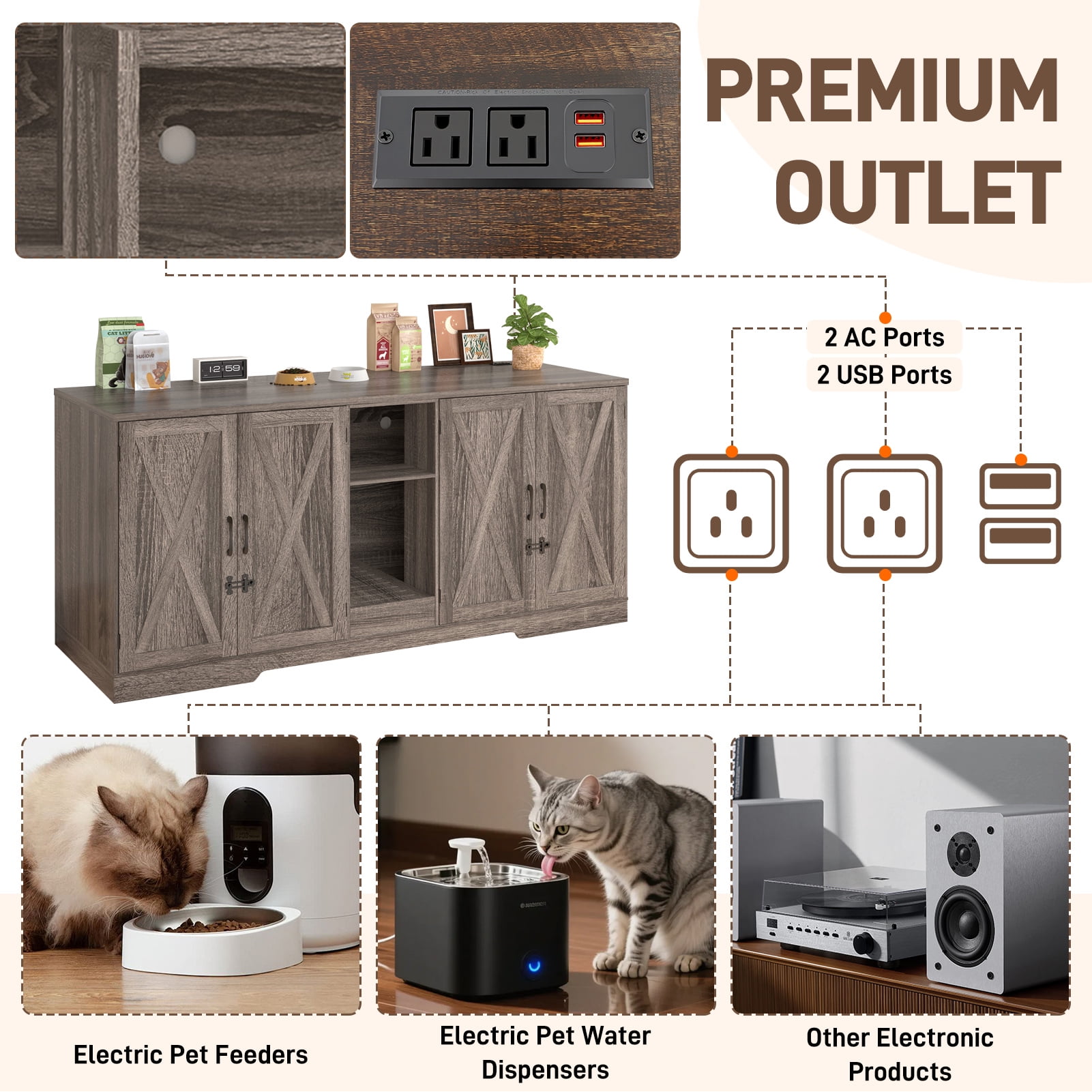 Blotout 77" Large Cat Litter Box Enclosure for 2 Cats with Power Outlets, Litter Box Furniture Hidden with Double Room, Wooden Cat Washroom Furniture with Lockable Door, Cats House, Grey