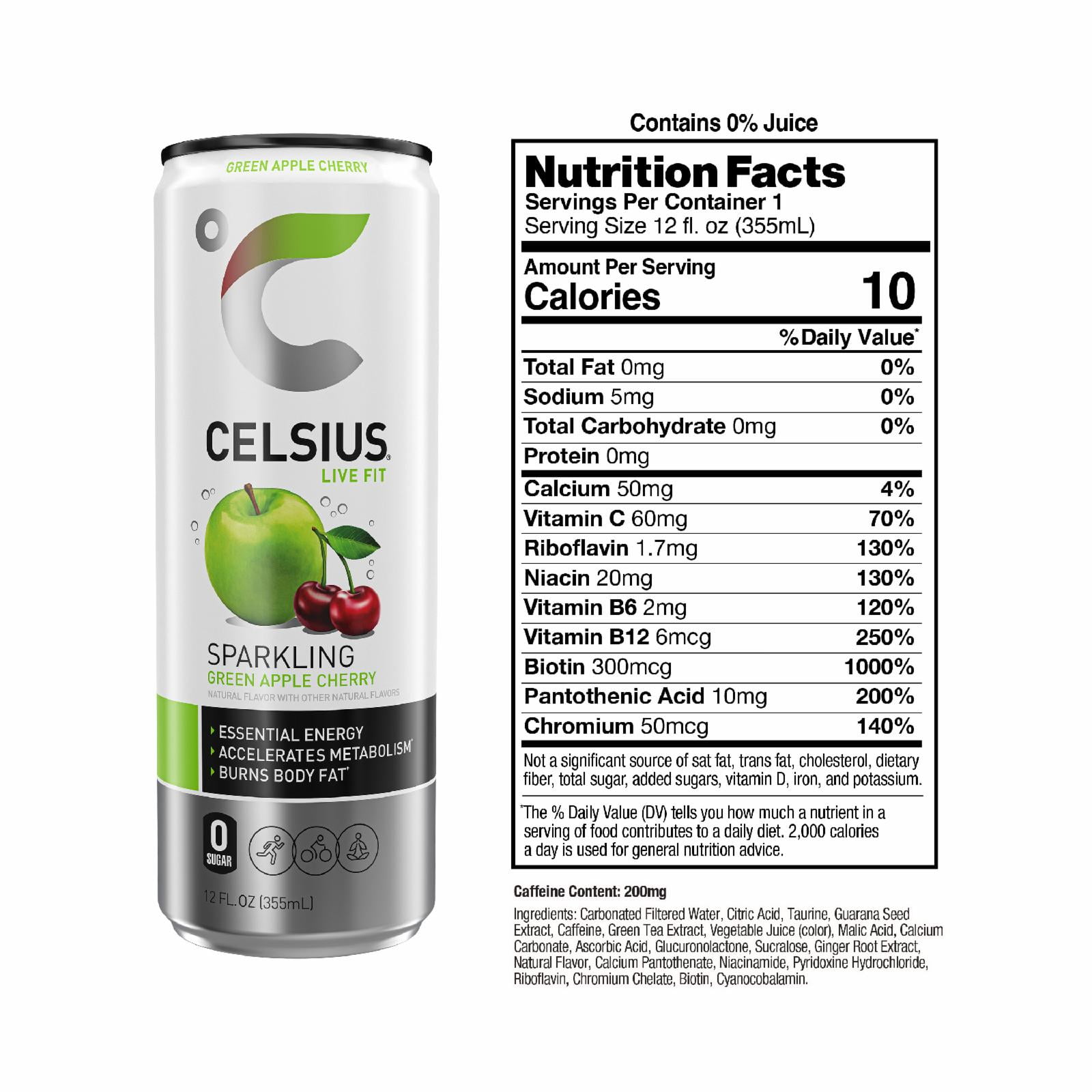 (5 pack) CELSIUS Sparkling Green Apple Cherry, Functional Energy Drink 12 fl oz Single Can