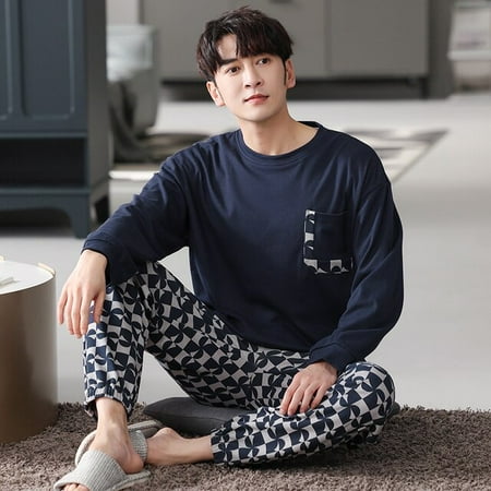 

QWZNDZGR Big M-4XL Spring Autumn HQ Cotton Gentleman Men Pyjamas Men s Pajamas Sets Sleepwear Pyjamas Nightwear Suits Pijamas Homewear PJ