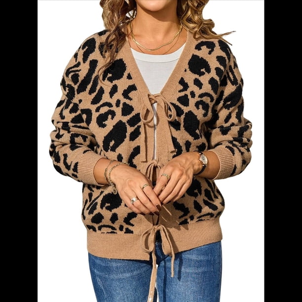 Cárdigan de Punto con Estampado de Leopardo y Lazo para Mujer, Larga, Cuello Redondo, Abertura Frontal, Informal, Holgado, para Exteriores. Caqui S