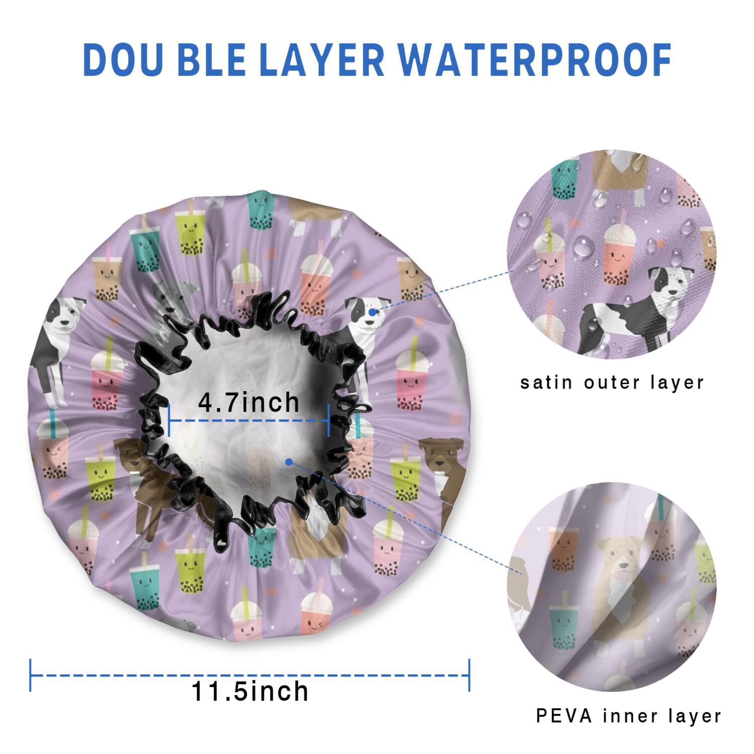 Shower Caps,Boxer Dog Pitbull Terriers Dog and Drinks Waterproof Shower Cap for Women 4 Pieces,Double Reusable Hair Cover for Shower PEVA Elastic Stretch Hem