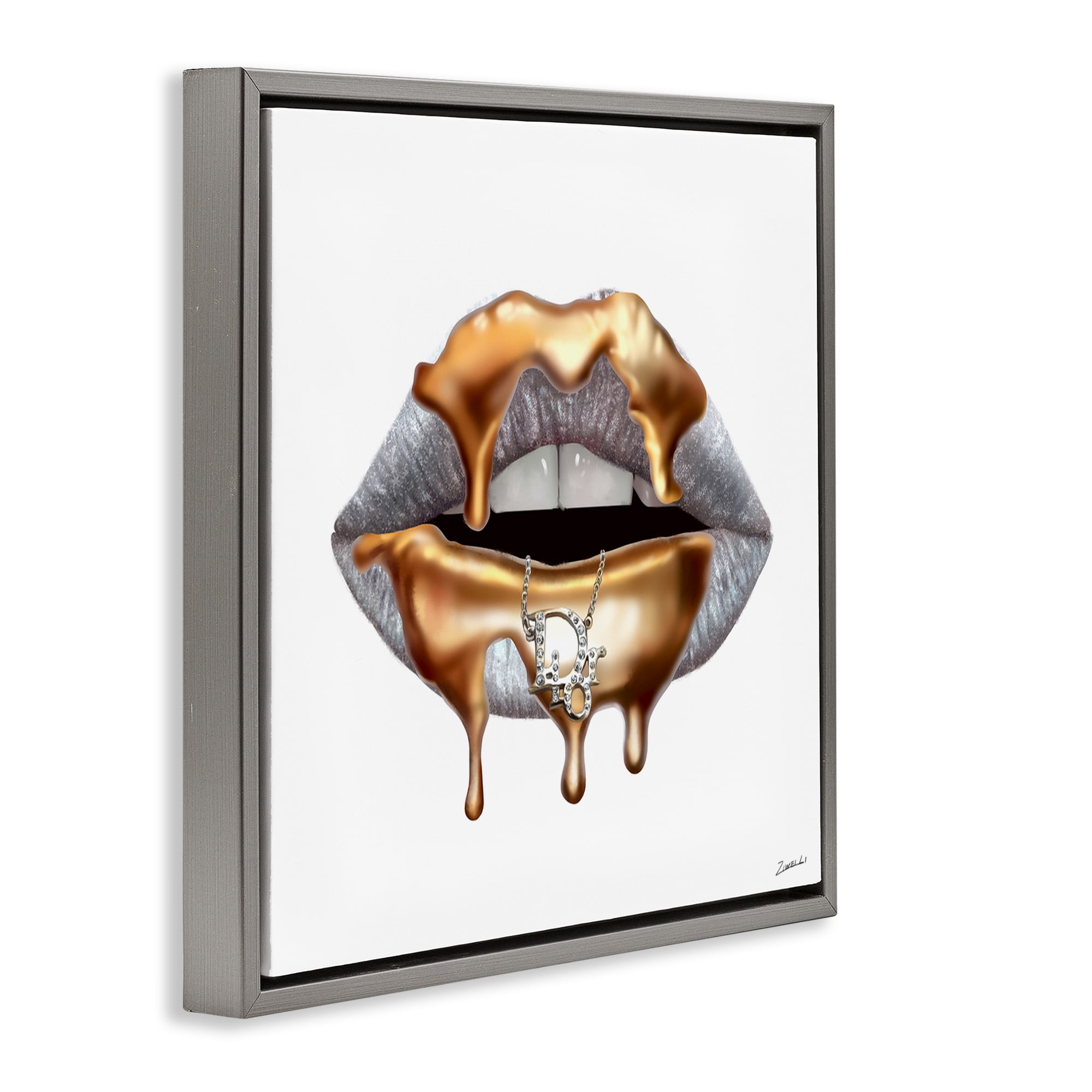 Stupell Industries Glam Silver Lip Gold Drip Beauty & Fashion Painting Gray Floater Framed Canvas Art Print Wall Art, 25 x 25