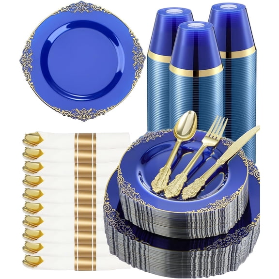 Goodluck 350 PCS Blue and Gold Plastic Plates, Disposable Dinnerware Set for 50 Guests, 100 Disposable Plates, 150 Silverwares, 50 Cups, 50 Napkins for Wedding, Party, Graduation
