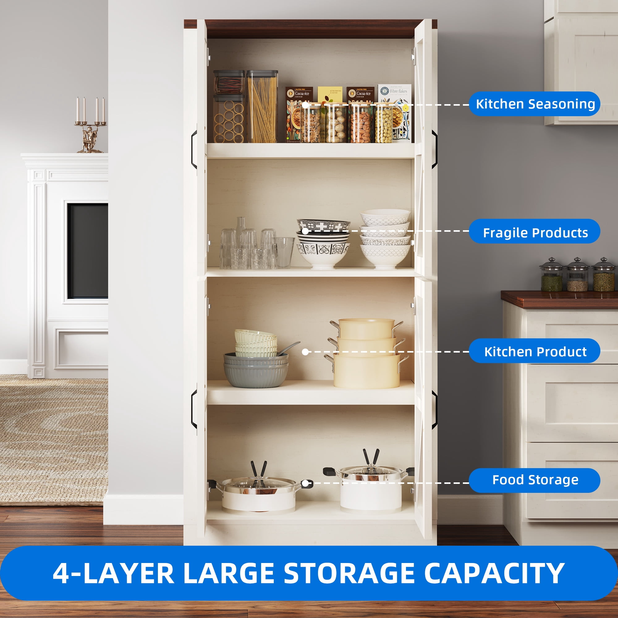 DEXTRUS 66" Freestanding Kitchen Pantry Cabinet with 4 Shelves and Doors, Storage Cabinet for Kitchen Dining Room Living Room, White