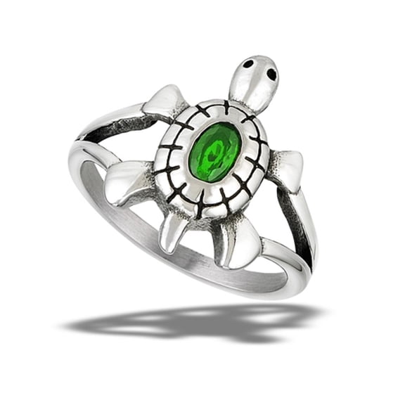 Cute Simulated Emerald Promise Ring Stainless Steel Sea Turtle Beach Band Green CZ Female Size 6