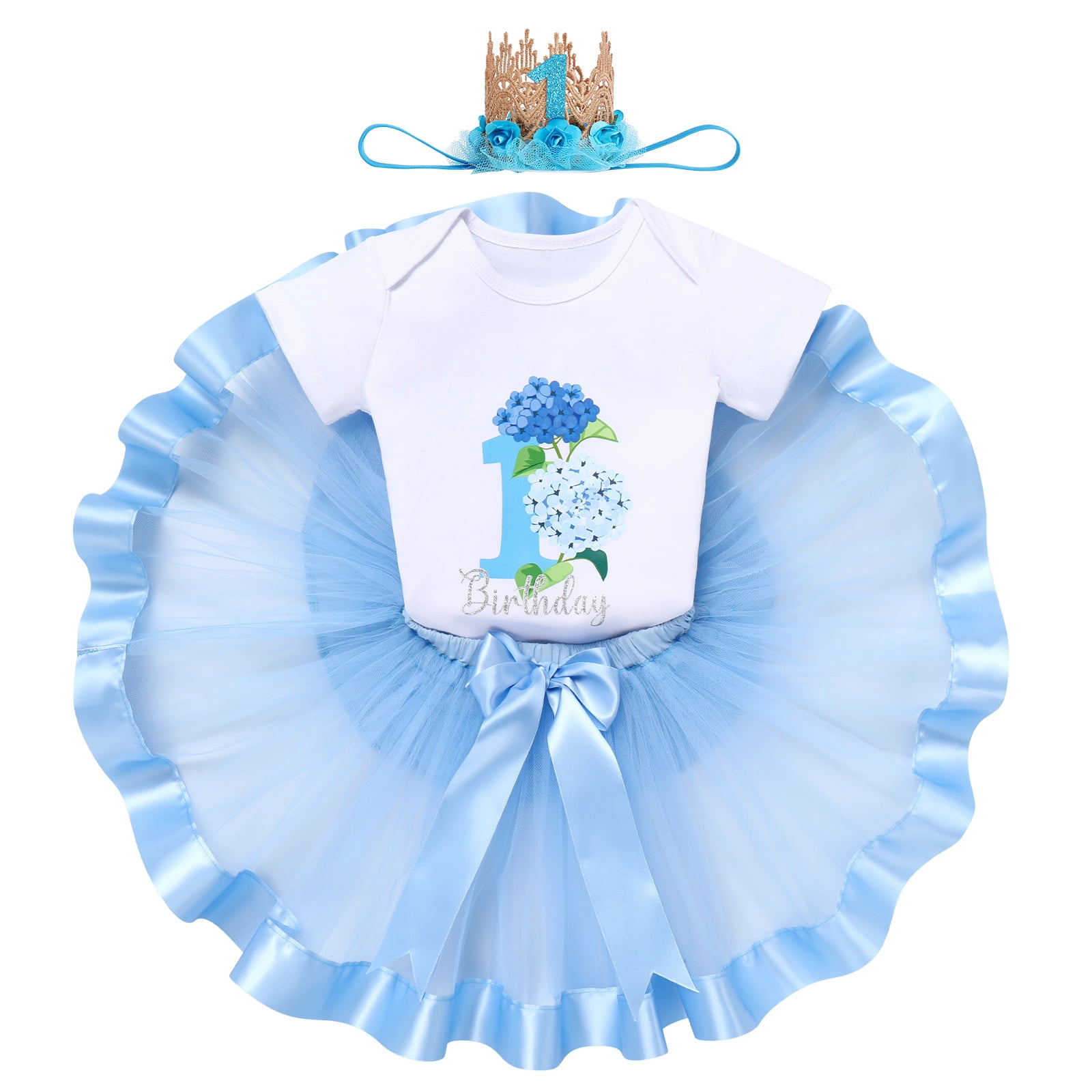 IBTOM CASTLE Infant Baby Girl One Year Old Birthday Outfit Floral Lace Party Cake Smash Romper + Tutu Skirt + Crown Clothes Set for Photo Shoot 1 Year Blue - Flower