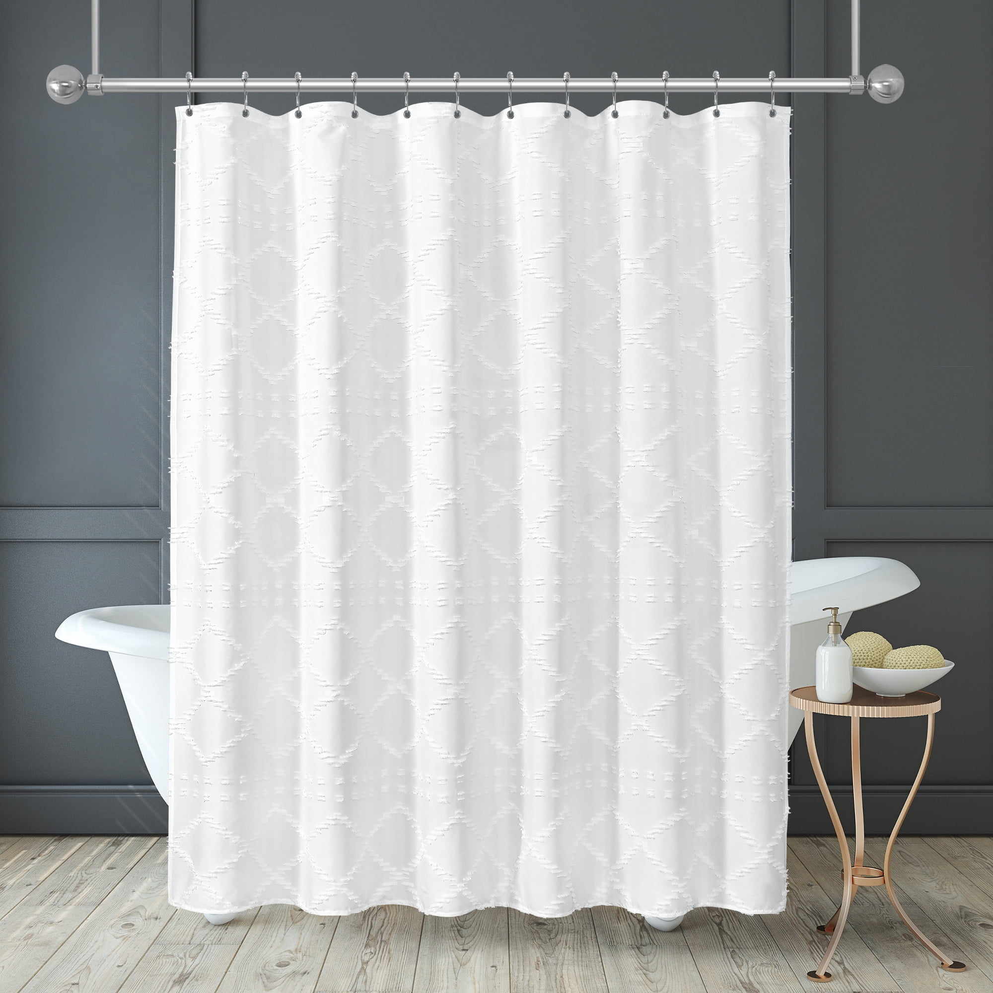 Americanflat 71x71 White Woven Shower Curtain with Tassel And Abstract Accents - Includes 12 Grommets and Hooks - 100% Polyester