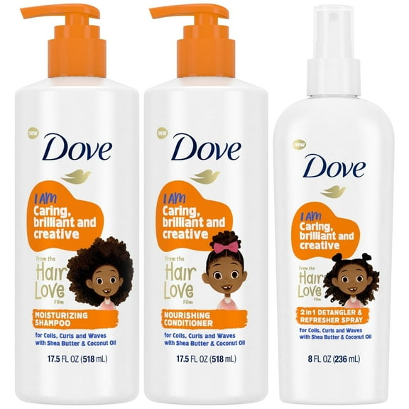 Dove Shampoo and Conditioner Set   Detangler Spray for Kids - Kids Hair Love Collection, Shampoo and Conditioner, Curly and Wavy Hair Products (3 Piece Set)