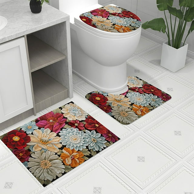 TIMIFIS Tapis de Salle de Bain Tapis de Sol pour Toilettes Tapis de Pied en Forme de U Tapis de Salle de Bain Imprimé Tapis Moderne Tapis de Porte pour Toilettes Trois Ensembles Tapis de Bain