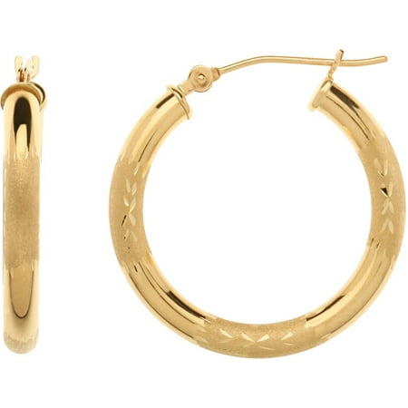 Simply Gold 10kt Yellow Gold Satin and Diamond-Cut Hoop Earrings