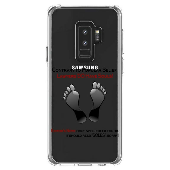 DistinctInk Clear Shockproof Hybrid Case for Samsung Galaxy S9  PLUS (6.2" Screen) - TPU Bumper Acrylic Back Tempered Glass Screen Protector - Lawyers DO Have Souls Oops Soles