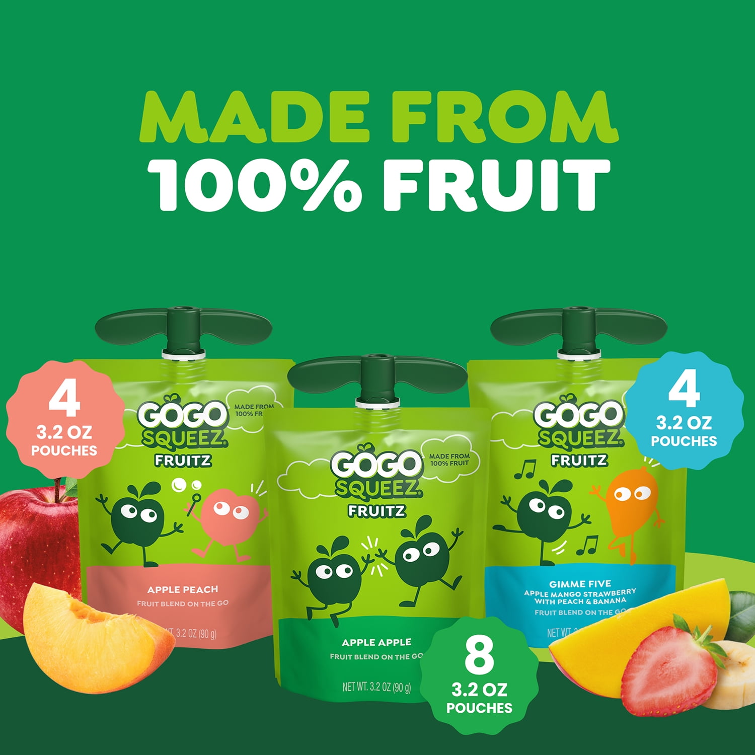 (4 pack) GoGo squeeZ No Sugar Added Apple Peach Gimme 5 Applesauce Variety Pouches, 3.2 oz (16 Pack)