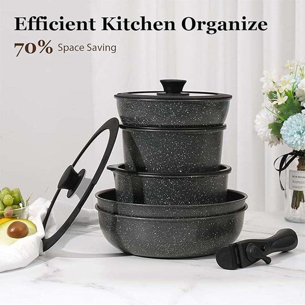 15Pcs Pots and Pans Set Nonstick Cookware Set with Removable Handles, Oven Safe, Induction Compatible - Black