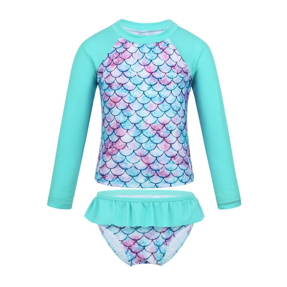 Alvivi 2PCS Kids Girls Swimsuit Set Long Sleeves Rash Guard Shirt Top Ruffles Bottom Bathing Suit Cyan 6