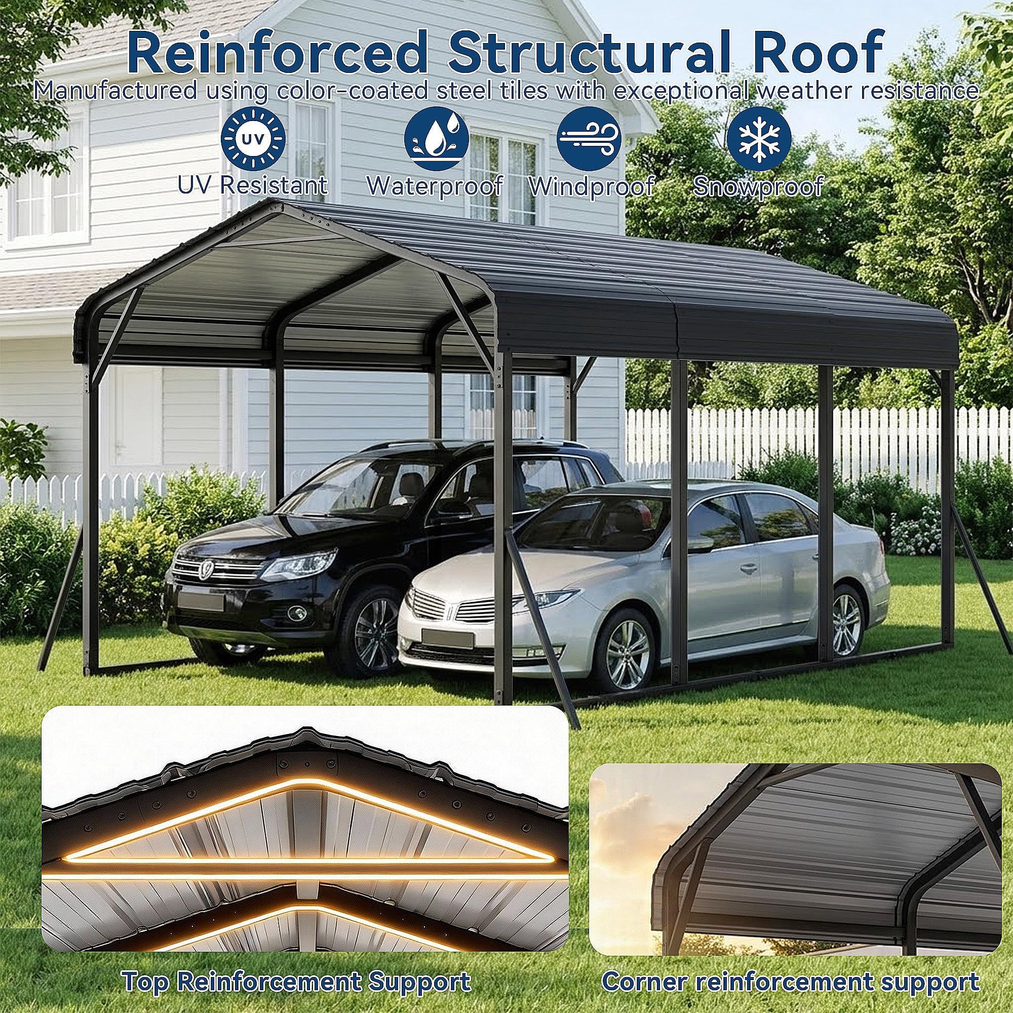 Gotland 10 FT x 15 FT Metal Carport, Heavy Duty Carport with Reinforced Frame, All-Weather Car Canopy with Reinforce Wind-Resistant Roofs, Multi-Functional Outdoor Garage for Car Truck Black