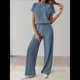 thumbnail image 4 of Traje Informal de Dos Piezas para Mujer, para Viajes y Vacaciones de Verano, con Corta y Pantalones Anchos. Azul Oscuro L, 4 of 7