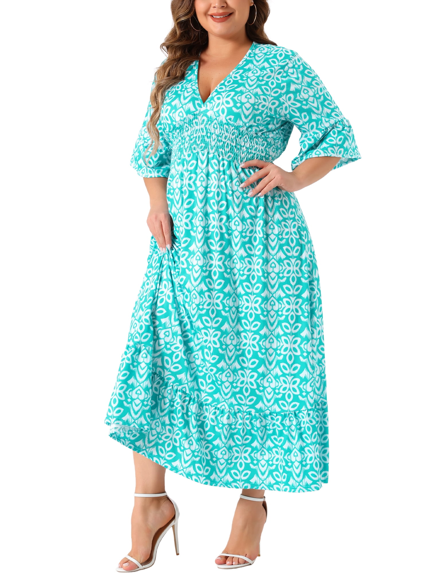 DARING DIVA Women's Plus Size Bell Sleeve Ruffled Hem Boho A Line Dress 3X Lake Green