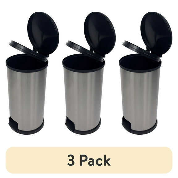 (3 pack) Mainstays Kitchen Trash Can, 7.9 Gallon Plastic Step Garbage Bin with Lid, Silver