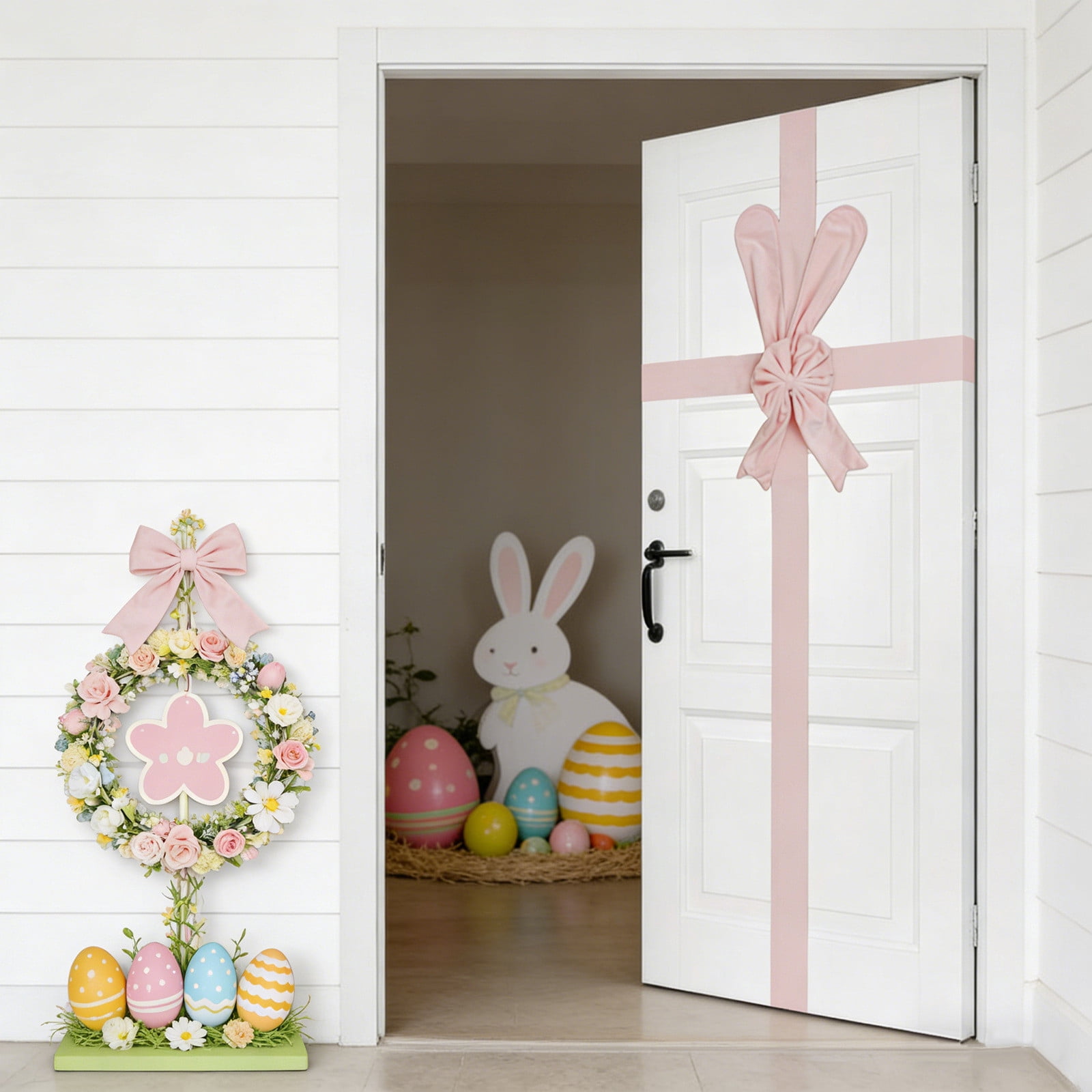 Easter Bunny Door Hanger with Floppy Ears and Bow Decorative Plush for Entry Cabinet Mantel Handle Spring Home Decor