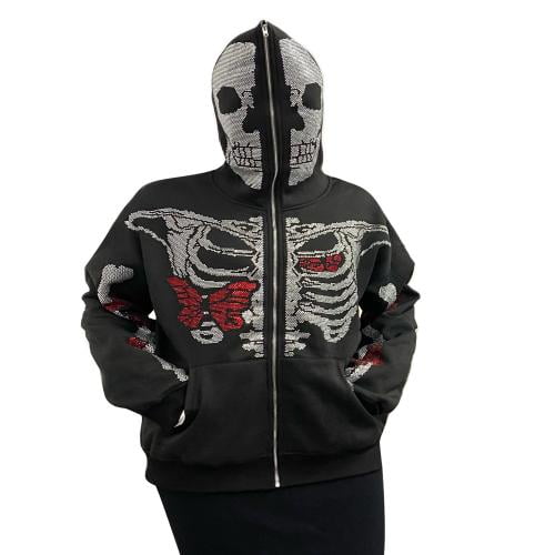 Rhinestone Graphic Hoodie with Head Cover,Oversized Aesthetic Skeleton Skull Jacket Streetwear Full Zipup Hoodie Y2k Harajuku Rhinestone Graphic Hoodie with Head Cover,Oversized Aesthetic Skeleton Skull Jacket Streetwear Full Zipup Hoodie Y2k Harajuku