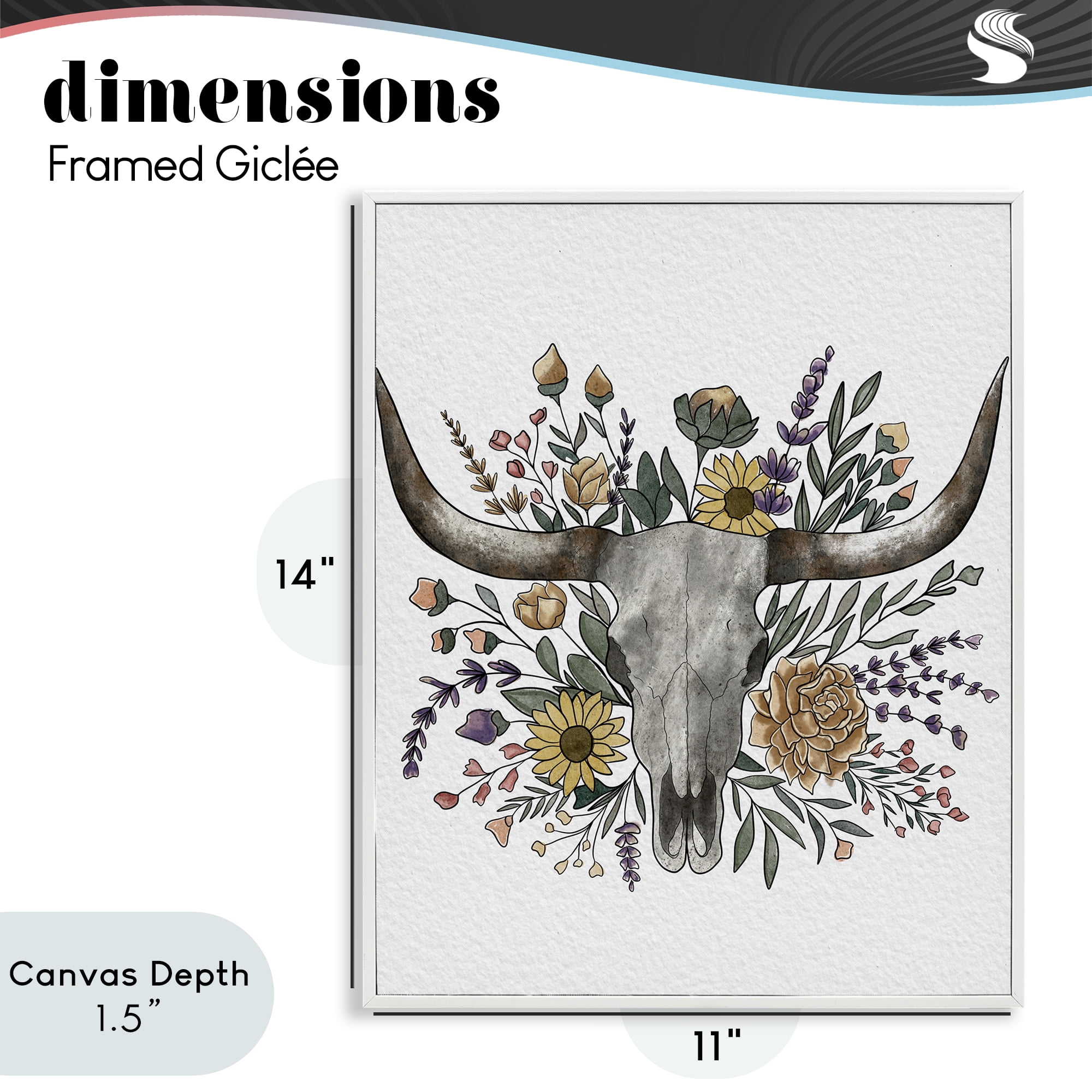 Stupell Industries Boho Wildflower Longhorn White Framed Giclee Art, design by Alisha Kiara Design