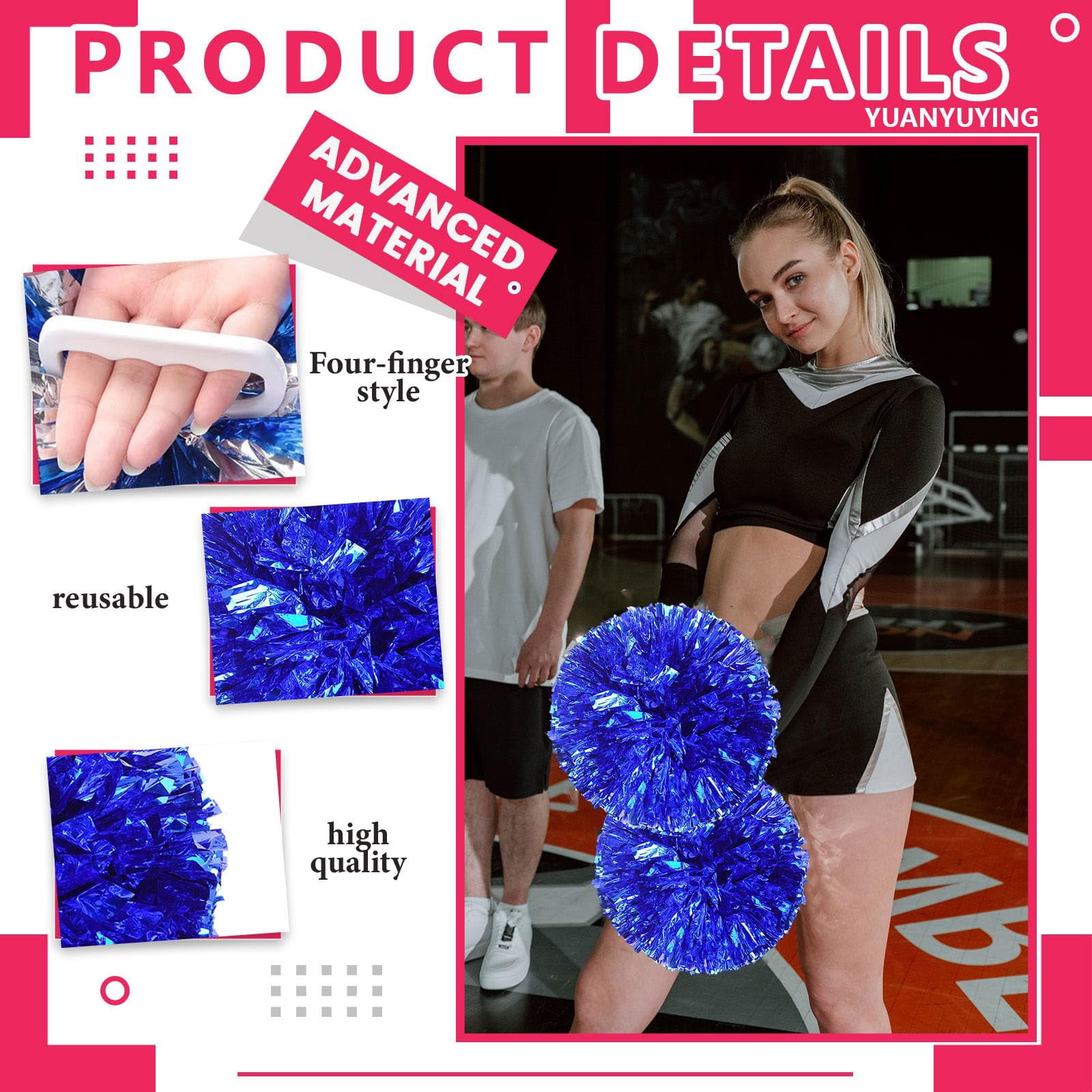 Pom Poms Cheer 8 Pcs with Four Finger Handle, Cheerleading Handheld Squad Pompoms for Sports Team Cheer Spirit Games Dance Party Adults