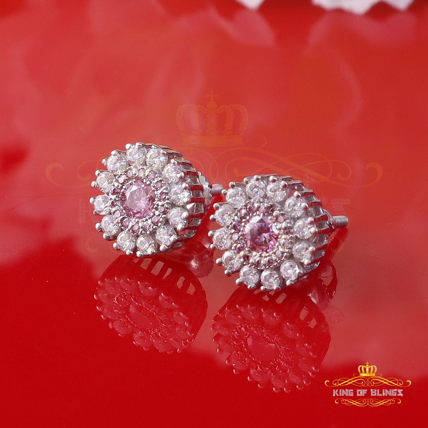 King of Bling's Men's/Women's 925 Silver White 1.00ct VVS D Pink Moissanite Round Stud Earrings