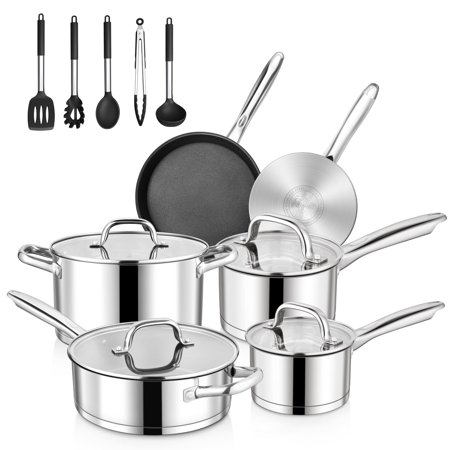 Walchoice 15-Piece Stainless Steel Cookware Set 3-Ply Base Kitchen Pots and Pans Set Non-toxic Induction Cooking Set Including Frying Pan Saucepan Oven & Dishwasher Safe All Stoves Compatible