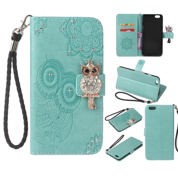 iPhone 6S Case, iPhone 6 Case Girls, Allytech Cute Glitter Owl Fashion Anti Scratch Folio Style Stand Feature Retro Hand Strap Cards Pocket Wallet Cases and Covers for Apple iPhone 6S/ 6, Green