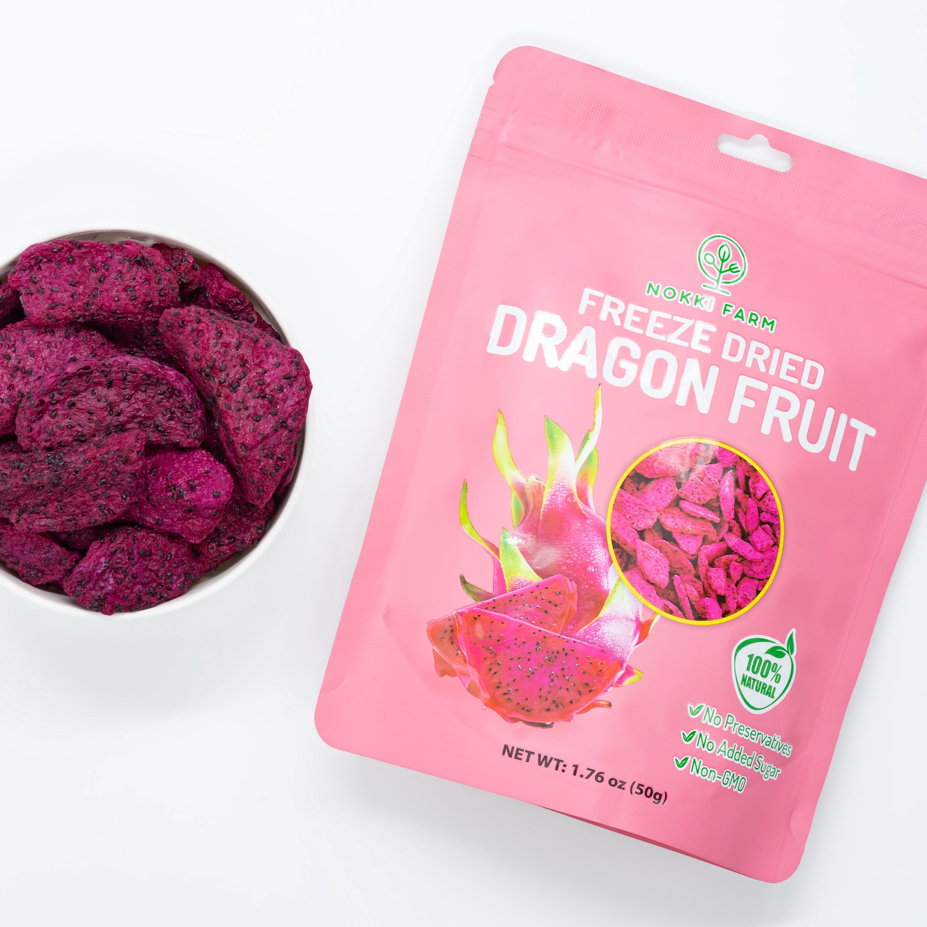 NOKKI FARM Freeze Dried Dragon Fruit Crisps - Healthy & Exotic Tropical Superfood Snacks, No Added Sugar or Preservatives, Kid-Approved, Shelf-Stable & Portable for On-The-Go Snacking, 1.76oz x 3 ct