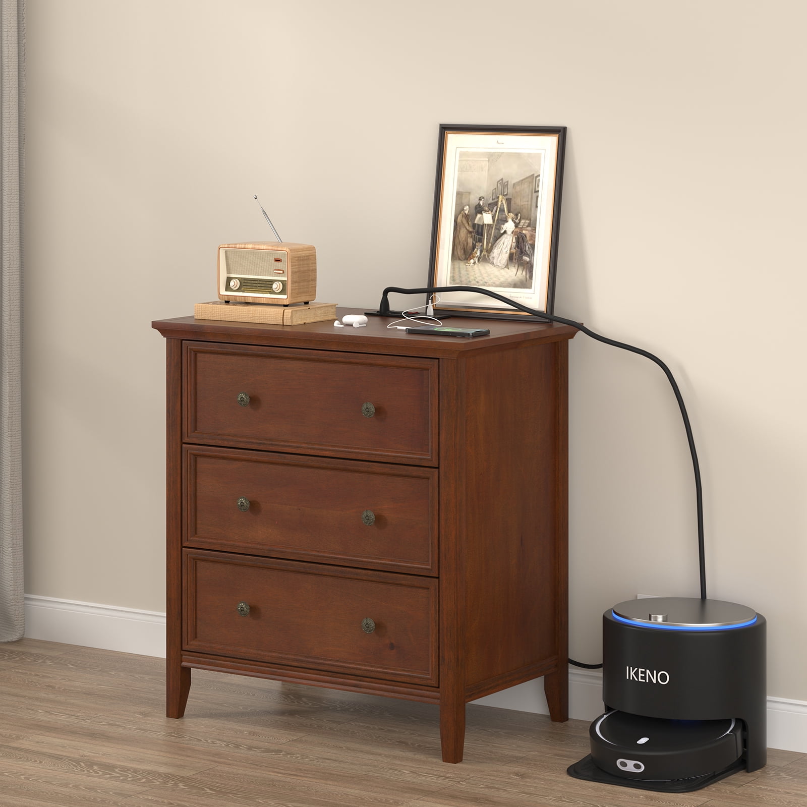 IKENO Nightstand with 3 Drawers & Charging Station, Caramel