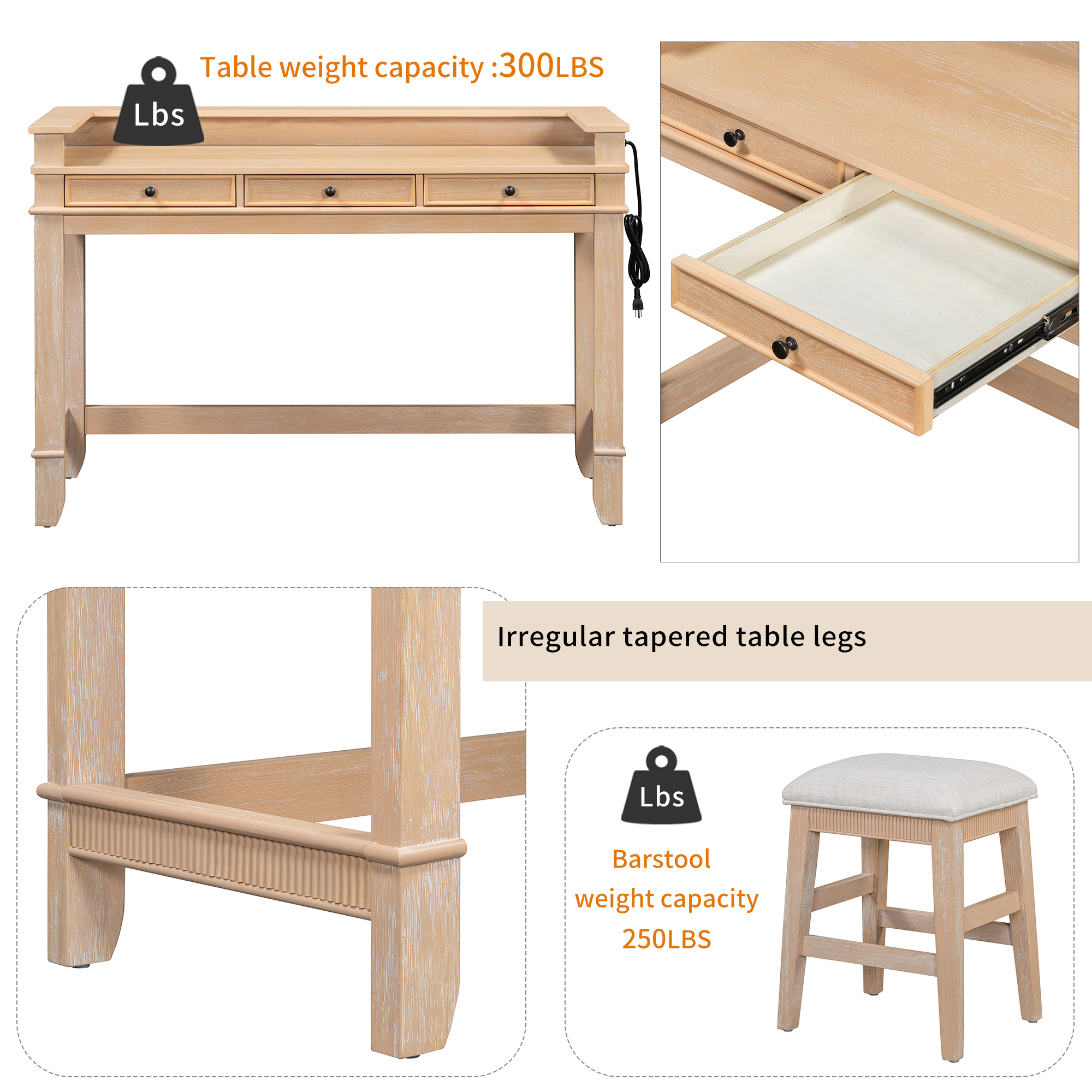Euroco 4-Piece Kitchen Bar Table and Chairs Set for 3,Retro Dining Room Set with Power Outlet,3 Drawers & 3 Stools for Small Spaces,Natural