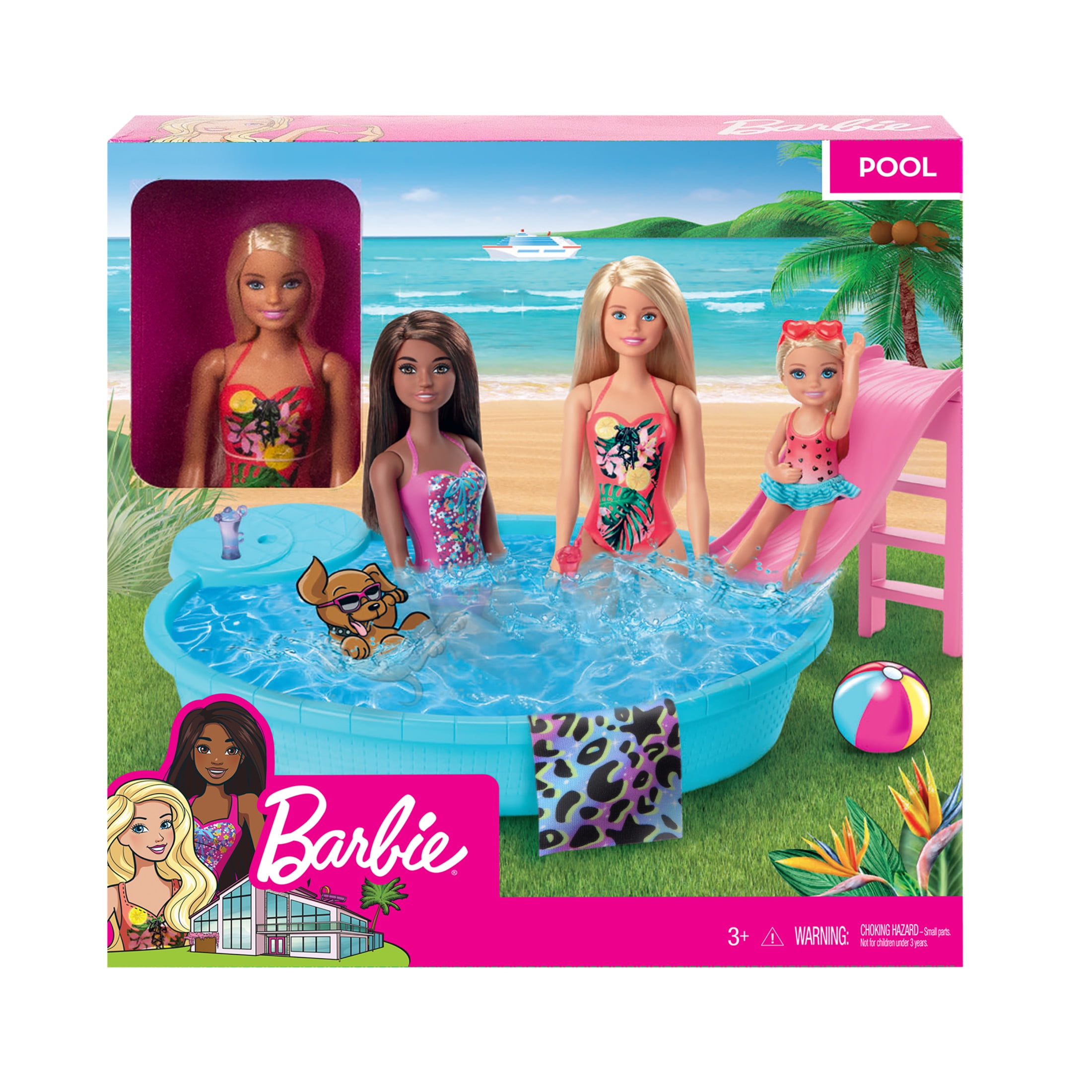 Barbie Doll and Pool Playset with Slide and Accessories, Blonde in Tropical Swimsuit